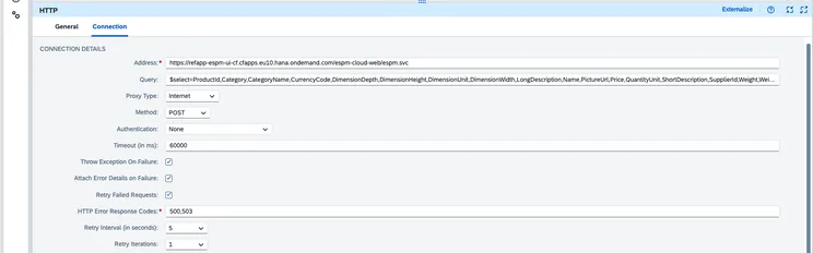 HTTP receiver adapter, Connection tab: Throw Exception On Failure and Retry Failed Requests enabled, error codes 500 and 503, 5-second retry interval and 1 retry iteration